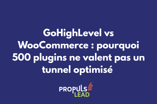 Comparatif GoHighLevel vs WooCommerce montrant 500 plugins chaotiques versus tunnel intégré performant
