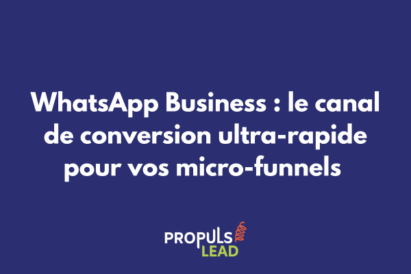 Interface WhatsApp Business montrant un micro-funnel conversationnel avec messages automatisés, catalogue produits et boutons d'action rapide