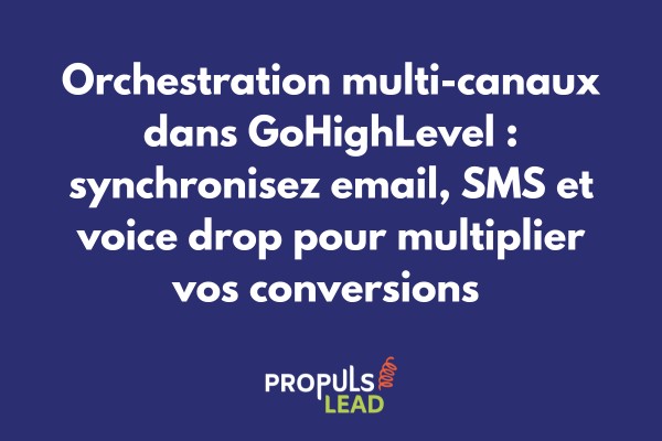 Interface de création d'un workflow multi-canal dans GoHighLevel avec branches email, SMS et voice drop