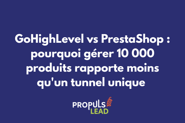 Comparatif GoHighLevel vs PrestaShop montrant boutique 10 000 produits à 2% marge vs tunnel 1 produit à 40% marge