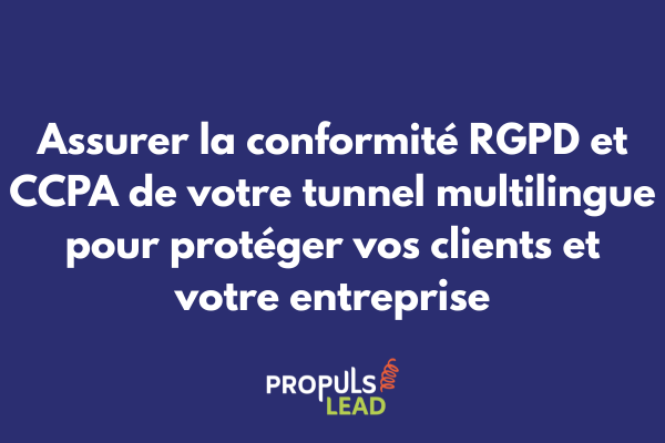 Interface de tunnel de vente multilingue affichant les options de consentement RGPD et CCPA pour les visiteurs internationaux