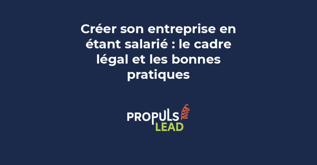 Illustration montrant un professionnel naviguant entre son emploi et son entreprise en création, avec des éléments légaux et de conformité