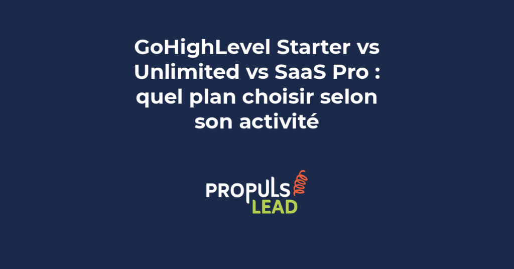 Comparaison des trois plans GoHighLevel Starter, Unlimited et SaaS Pro avec leurs tarifs mensuels et fonctionnalités principales