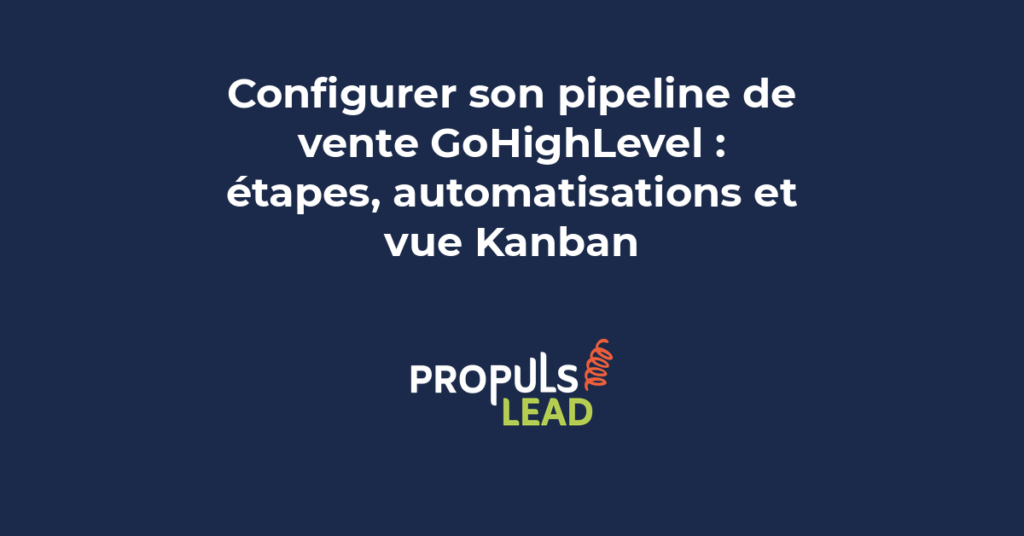 Vue Kanban du pipeline GoHighLevel montrant les étapes de vente, les opportunités par colonne et les automatisations déclenchées