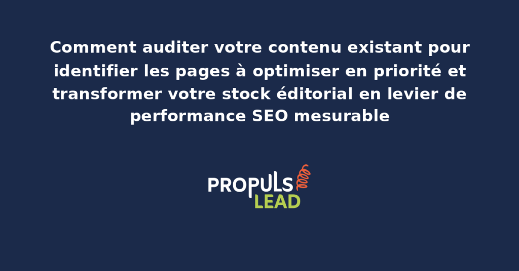 Tableau d'audit éditorial présentant un inventaire de pages avec scores de performance SEO, recommandations de mise à jour priorisées et estimation d'impact attendu par action