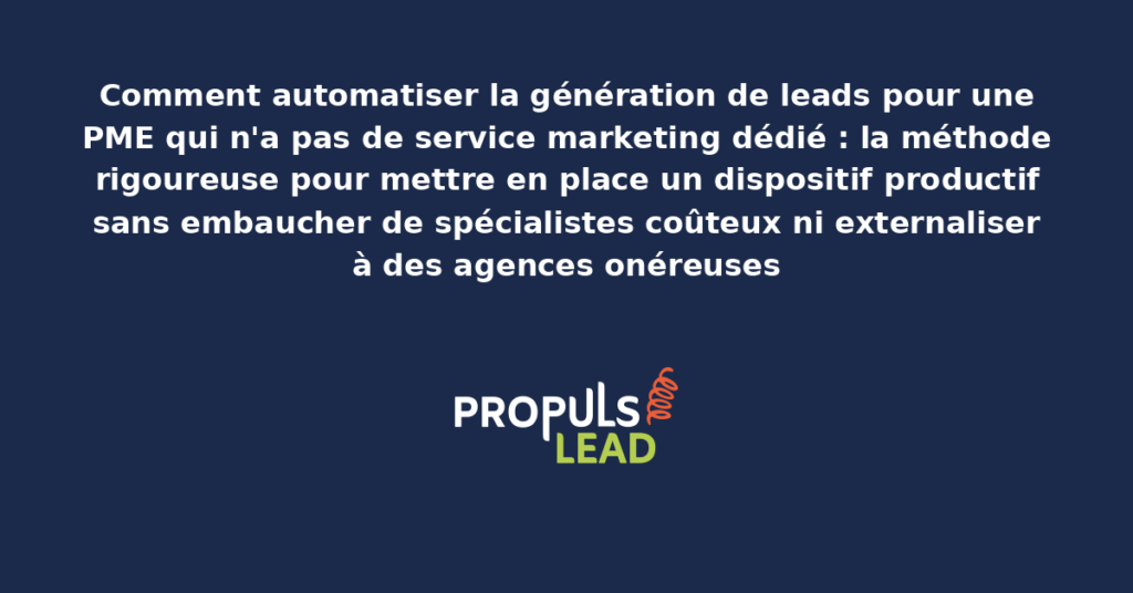 Schéma d'automatisation de génération de leads pour une PME présentant les outils intégrés depuis le formulaire web jusqu'au CRM commercial avec workflows automatisés sans intervention manuelle