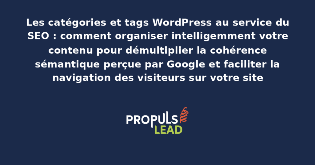 Architecture organisationnelle d'un blog WordPress présentant la hiérarchie de catégories et tags structurés pour le référencement SEO et la navigation utilisateur cohérente