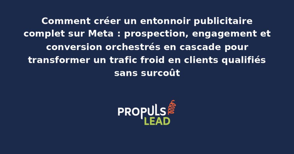 Schéma d'un entonnoir publicitaire Meta complet présentant les trois étapes de prospection, engagement et conversion avec audiences, créatives et budgets associés à chaque palier