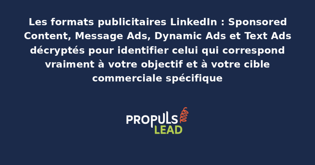 Comparatif visuel des principaux formats publicitaires LinkedIn présentant Sponsored Content, Message Ads, Dynamic Ads et Text Ads avec leurs cas d'usage spécifiques