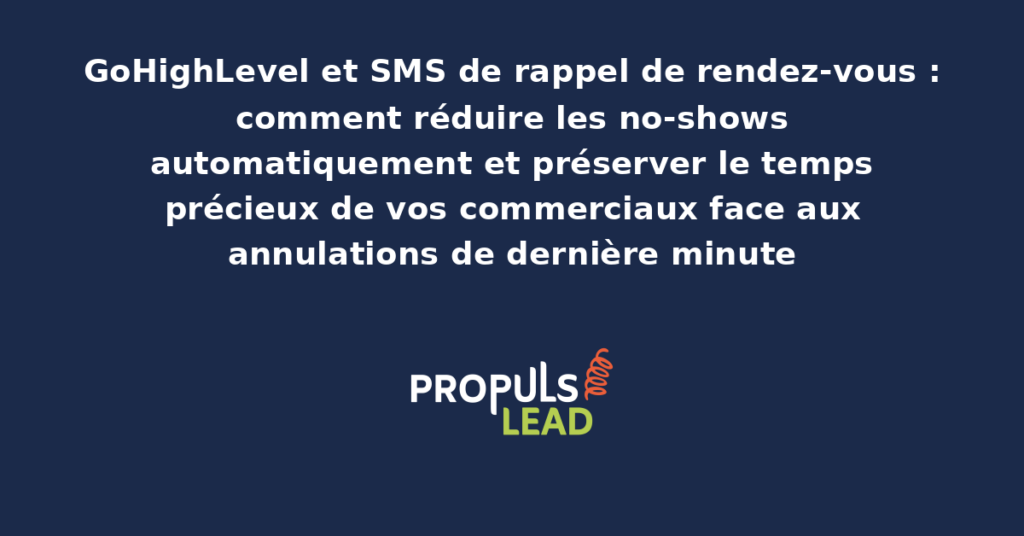 Interface GoHighLevel affichant la configuration d'une séquence de rappels SMS de rendez-vous avec timing personnalisé, messages variés et indicateurs de présence aux meetings