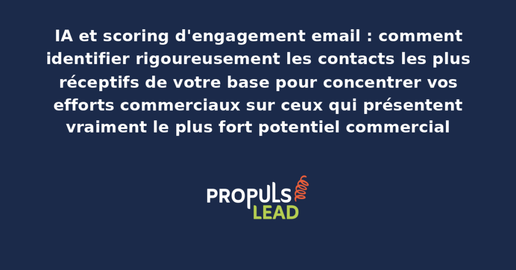 Tableau de bord IA de scoring d'engagement email présentant la classification des contacts par niveau de réceptivité avec scores comportementaux et recommandations d'actions commerciales