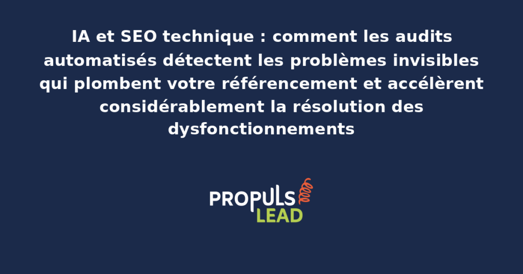 Tableau de bord d'un outil d'audit SEO technique propulsé par IA affichant des problèmes détectés sur un site web, avec hiérarchisation par criticité et suggestions de correction automatique