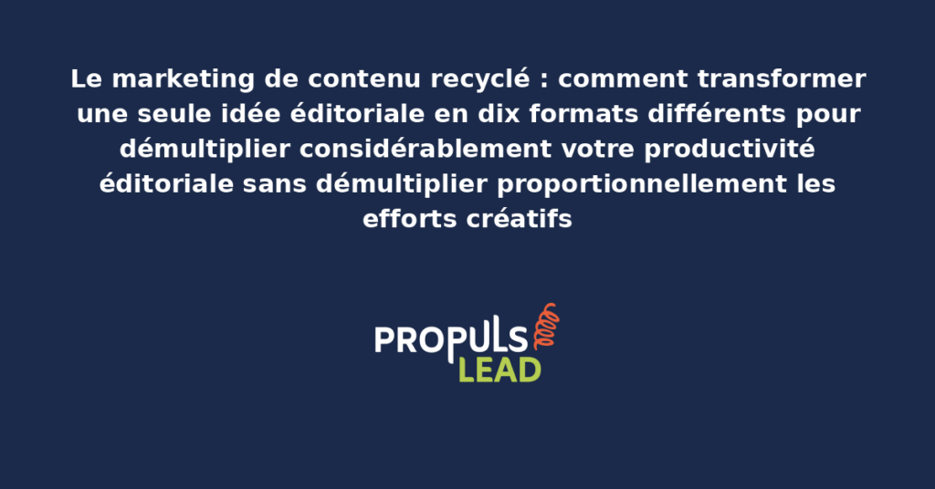 Schéma de recyclage de contenu éditorial présentant la transformation d'un article de blog en multiples formats LinkedIn vidéo podcast infographie newsletter pour démultiplier la productivité