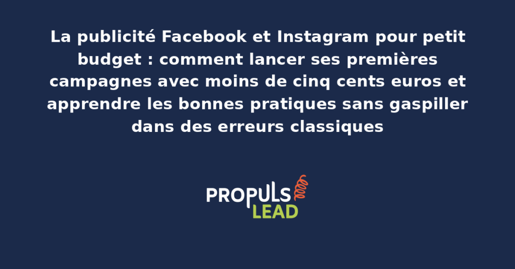 Tableau de bord Meta Ads présentant une première campagne entrepreneur avec budget limité, ciblage pertinent et indicateurs de performance pour un démarrage maîtrisé