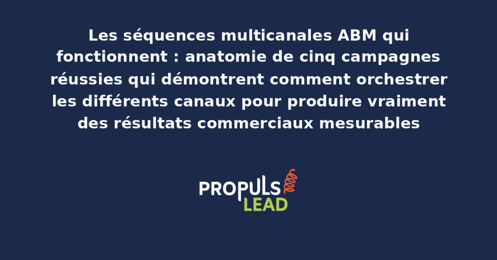 Schéma d'orchestration de séquences multicanales ABM présentant l'enchaînement des touchpoints email, LinkedIn, téléphone, postal et événements sur plusieurs semaines