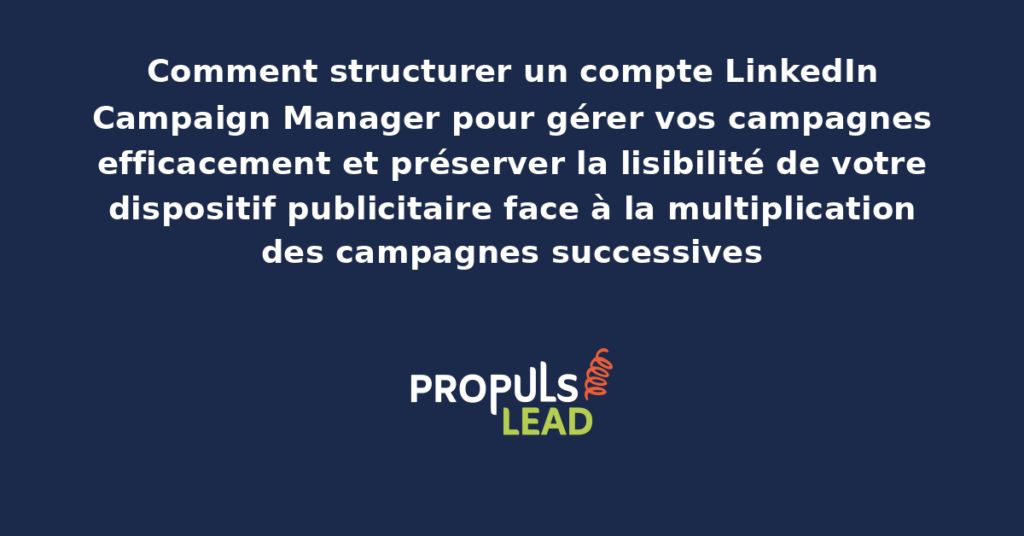 Interface LinkedIn Campaign Manager présentant la hiérarchie organisationnelle compte, groupes de campagnes, campagnes et créatifs avec nomenclature structurée et indicateurs