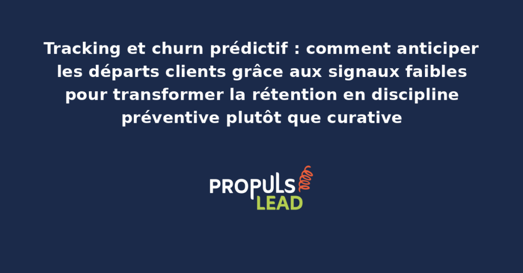 Tableau de bord présentant des indicateurs de churn prédictif avec scores de risque par client, signaux faibles détectés et actions de rétention recommandées par segment