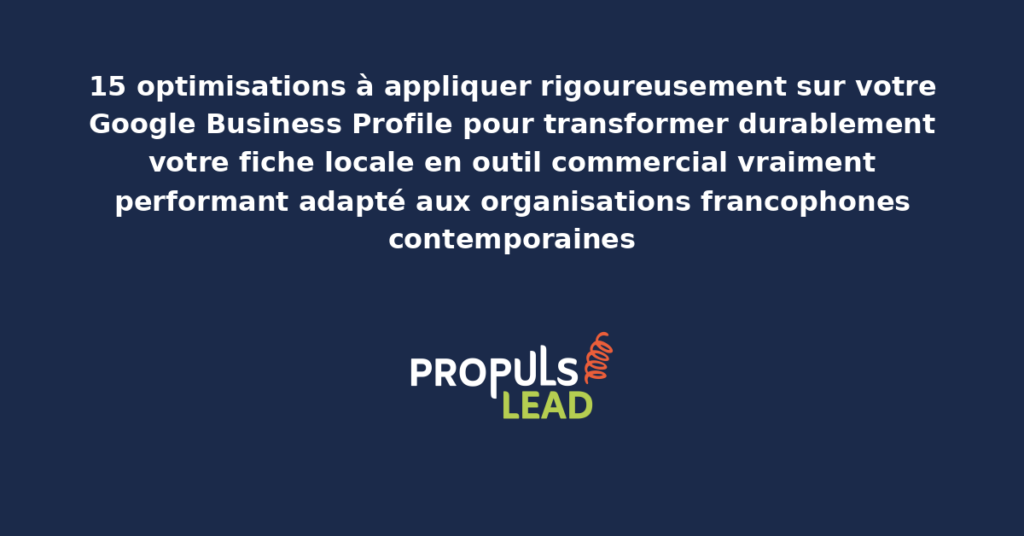 Schéma des 15 optimisations Google Business Profile présentant les leviers structurants pour transformer durablement la fiche locale en outil commercial performant adapté aux organisations francophones contemporaines