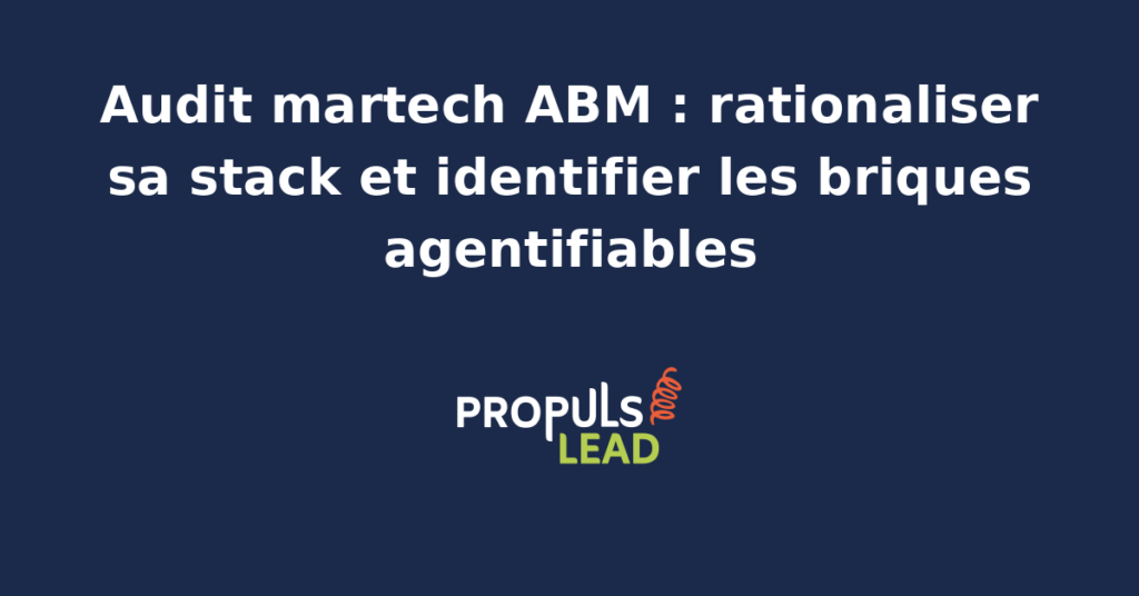 Cartographie d'une stack martech ABM PME B2B avec catégories CRM, outreach, intent data, reporting, et identification des briques candidates à l'agentification IA.