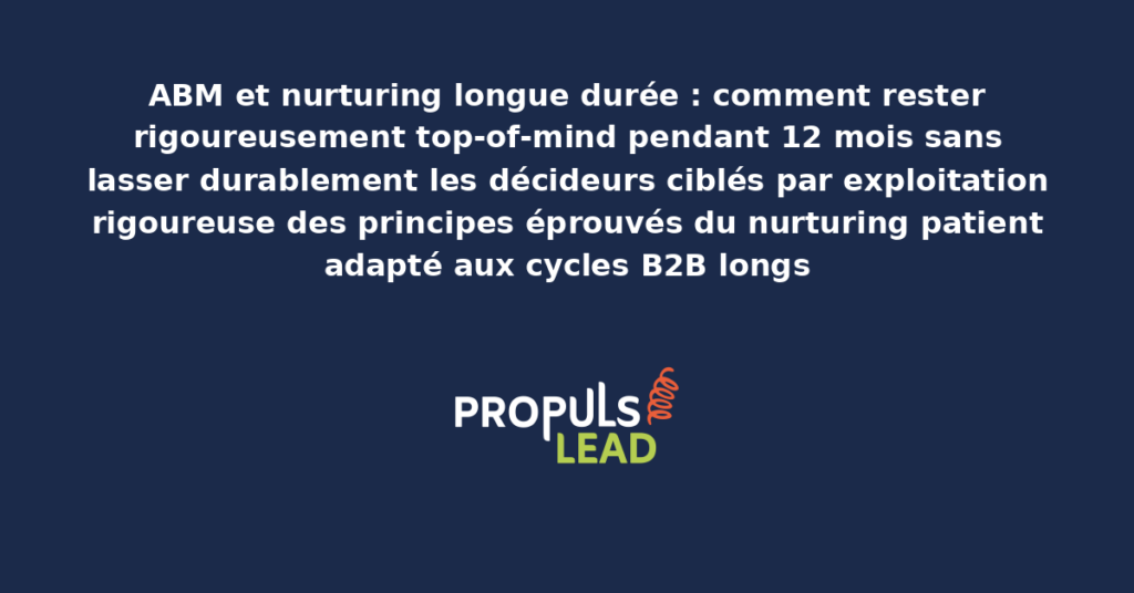 Schéma de nurturing ABM longue durée présentant les séquences éditoriales étalées sur 12 mois avec dispositifs de variation pour rester top-of-mind sans lasser les décideurs ciblés contemporains