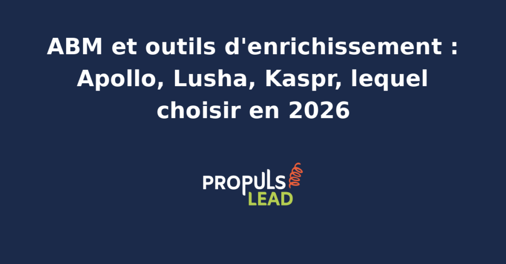 Tableau comparatif des trois outils d'enrichissement Apollo, Lusha et Kaspr pour l'ABM avec critères de couverture européenne, qualité des emails et tarifs mensuels.