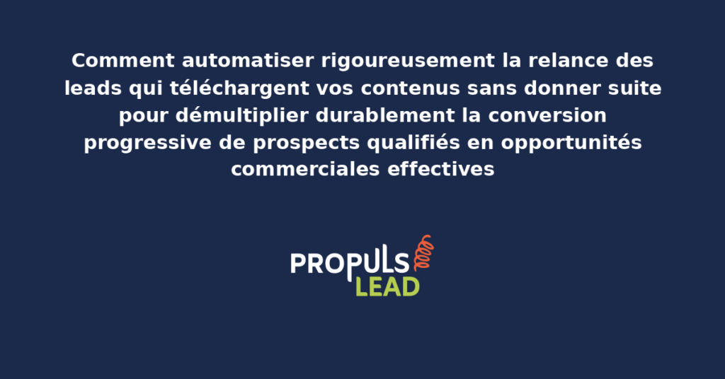 Schéma d'automatisation de la relance des leads téléchargeurs sans suite avec séquences progressives par typologie de contenu téléchargé pour démultiplier la conversion en opportunités commerciales effectives