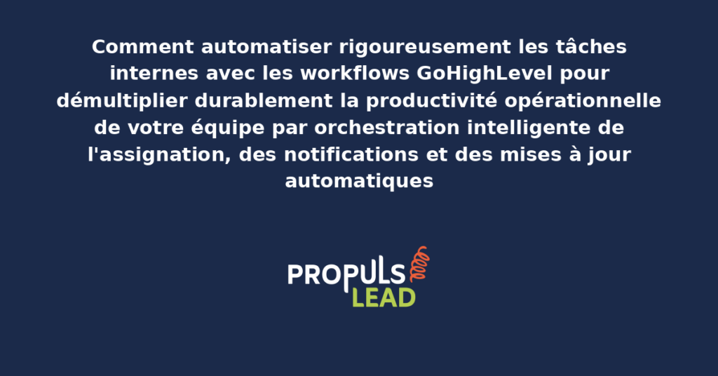 Schéma d'orchestration des tâches internes avec workflows GoHighLevel présentant les flux d'assignation automatisée et les notifications structurées pour démultiplier la productivité opérationnelle