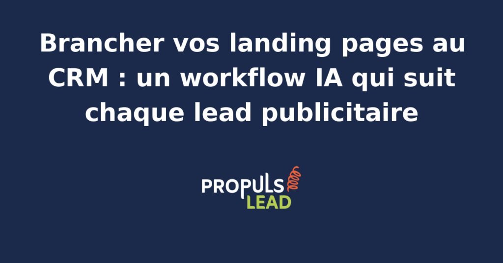 Schéma d'un workflow IA qui relie une landing page publicitaire aux outils CRM HubSpot Pipedrive et Salesforce avec un agent qualifieur qui score chaque lead paid en temps réel et le route vers le bon parcours