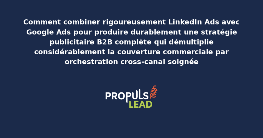 Schéma d'orchestration LinkedIn Ads et Google Ads B2B présentant la complémentarité des deux plateformes avec rôles structurants pour démultiplier la couverture commerciale globale par stratégie cross-canal