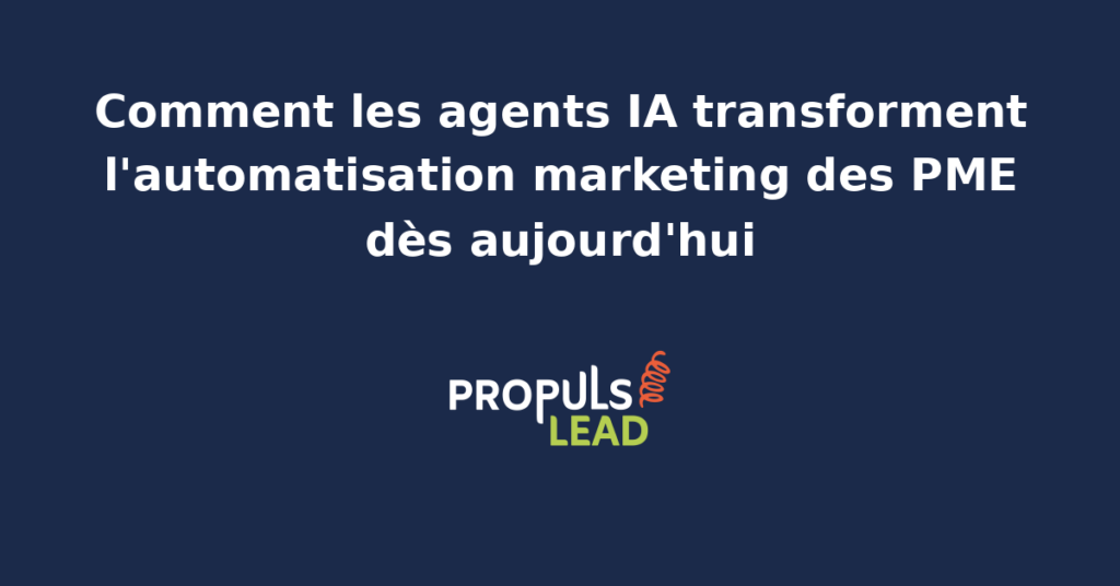 Schéma de transition d'une PME du marketing automation classique vers une stack d'agents IA spécialisés en qualification, contenu, publicité et conversation, supervisés par l'équipe marketing.
