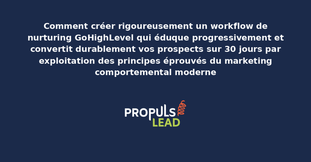 Schéma de workflow nurturing GoHighLevel sur 30 jours présentant les étapes d'éducation progressive avec messages structurants par phase de maturation pour démultiplier la conversion finale