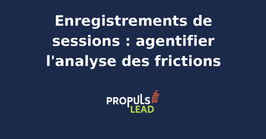 Tableau d'analyse d'enregistrements de sessions web avec carte des frictions identifiées par un agent IA branché sur une plateforme de session replay et restitution d'hypothèses CRO classées par priorité
