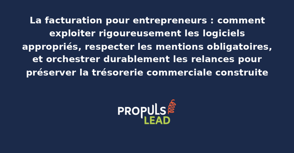 Schéma de facturation entrepreneuriale présentant les logiciels structurants les mentions obligatoires conformes et les workflows de relances appropriés pour préserver durablement la trésorerie commerciale construite