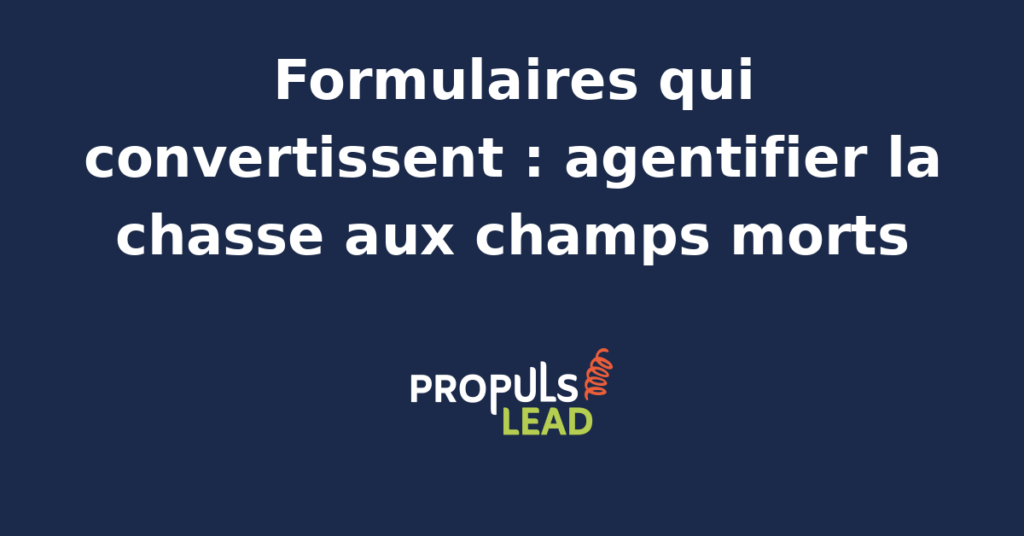 Audit visuel d'un formulaire web avec marquage des champs morts détectés par un agent IA, taux d'abandon par champ et propositions de simplification présentées sur un dashboard CRO