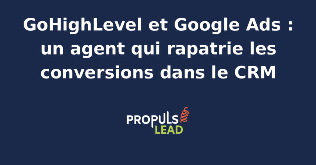 Schéma de flux entre Google Ads et GoHighLevel montrant un agent IA qui rapatrie les conversions hors ligne du CRM vers la plateforme publicitaire avec horodatage et statut commercial.