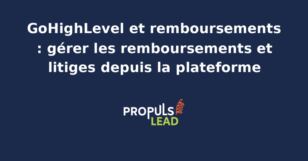 Interface GoHighLevel d'une transaction avec bouton remboursement actif, formulaire de saisie du montant et statut de chargeback en cours sur le module Payments.