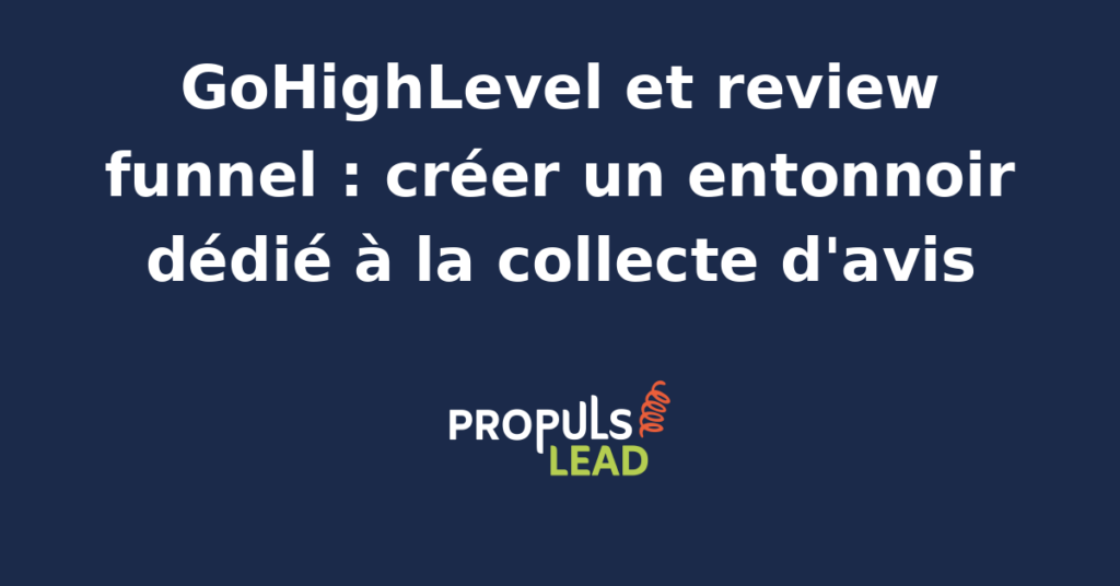 Schéma d'un entonnoir de collecte d'avis GoHighLevel à trois étapes avec demande initiale par SMS, page intermédiaire de pré-qualification et redirection vers la fiche Google.