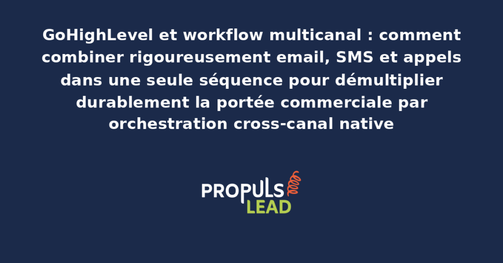 Schéma de workflow multicanal GoHighLevel présentant l'orchestration séquentielle email SMS et appels avec dispositifs structurants pour démultiplier durablement la portée commerciale globale