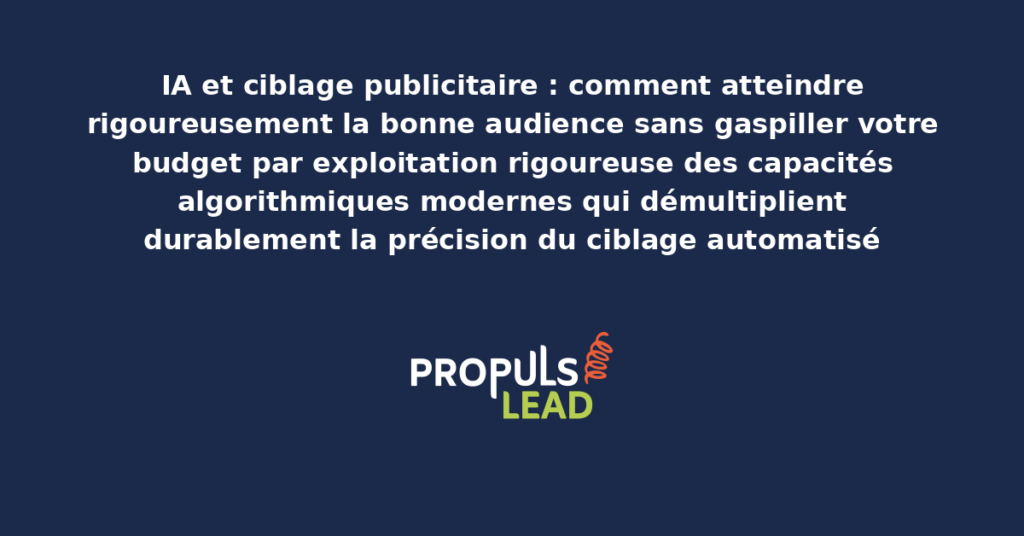 Tableau de bord IA présentant le ciblage publicitaire automatisé avec segments d'audience prédictifs et indicateurs d'efficacité pour démultiplier la précision du ciblage sans gaspillage budgétaire