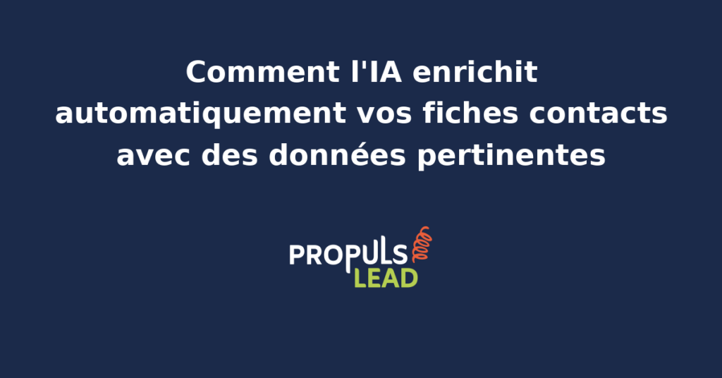 Interface CRM avec fiche contact enrichie automatiquement par IA affichant données firmographiques signaux d'actualité historique d'engagement et score de pertinence commercial