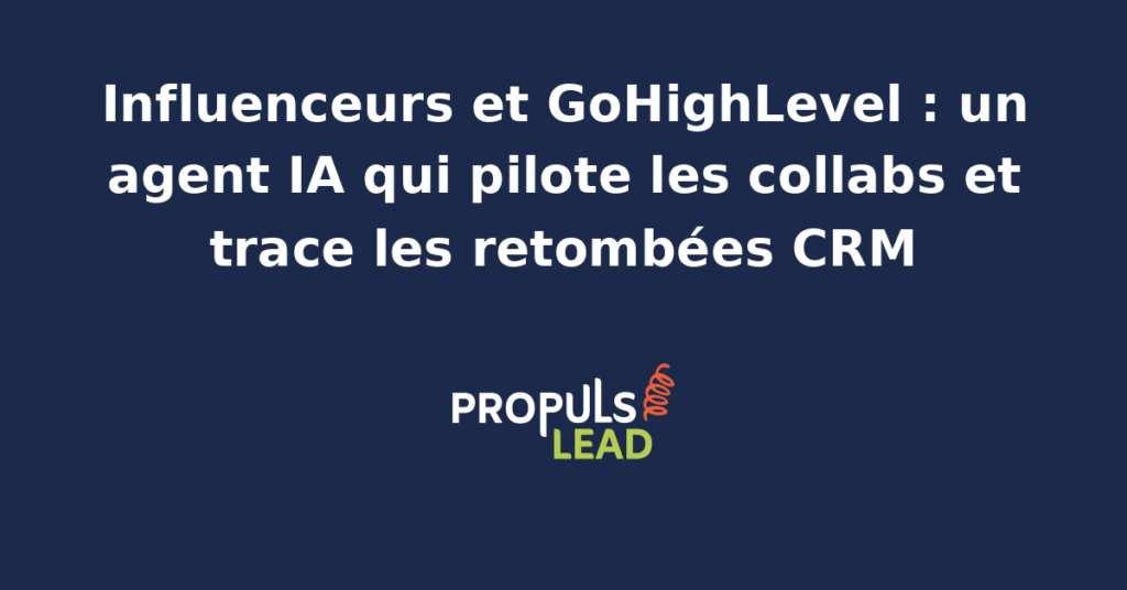 Schéma d'un agent IA qui pilote les collaborations influenceurs depuis GoHighLevel et trace chaque retombée dans le CRM PME pour mesurer le ROI réel.