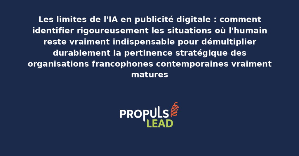 Schéma des limites de l'IA en publicité digitale présentant les situations structurantes où l'humain reste vraiment indispensable avec dispositifs identifiant précocement les axes méritant une intervention humaine experte
