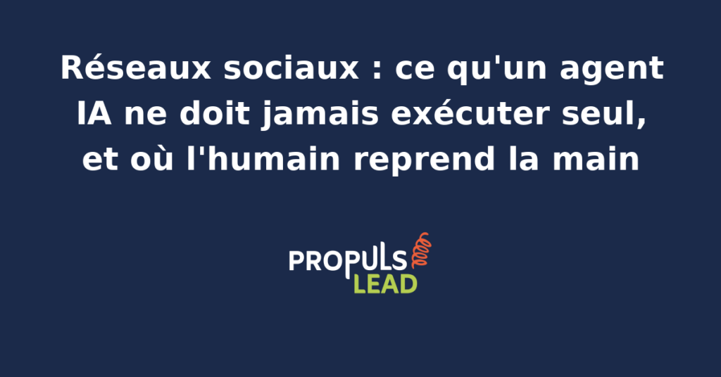 Schéma d'une boucle agent-humain sur réseaux sociaux distinguant les tâches déléguées à l'agent IA des décisions reprises par le community manager.