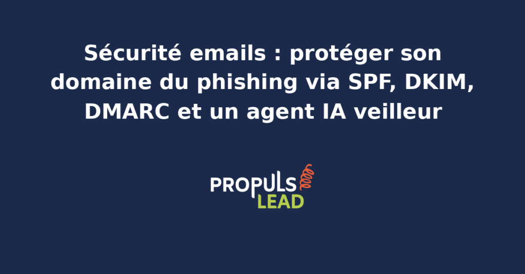 Schéma d'authentification email avec les trois enregistrements DNS SPF DKIM DMARC, un serveur d'envoi légitime et un serveur attaquant filtré, et un panneau présentant l'agent IA veilleur qui scrute les rapports