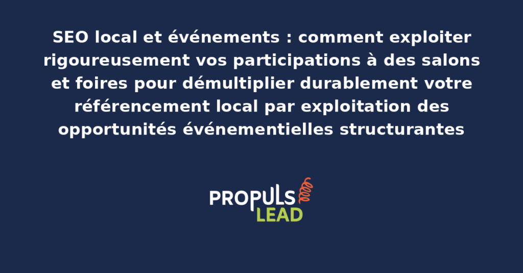Schéma d'exploitation SEO local des participations à salons et foires présentant les leviers structurants d'opportunités événementielles pour démultiplier le référencement local par dispositifs adaptés