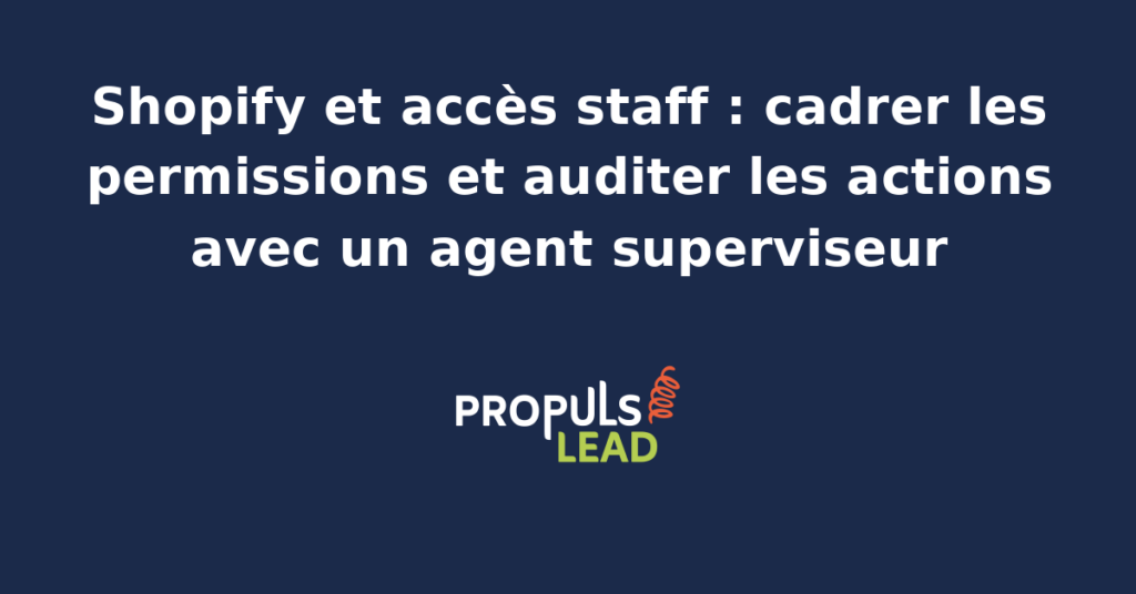 Tableau de bord Shopify affichant la liste des comptes staff avec leurs permissions par section et un panneau latéral où un agent IA signale les anomalies d'accès détectées sur les sept derniers jours