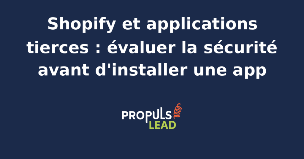 Page de fiche d'une application Shopify dans le marketplace affichant la note des utilisateurs le nombre d'installations actives la date de dernière mise à jour et la liste détaillée des permissions demandées