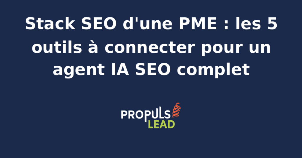 Schéma d'architecture d'une stack SEO PME orchestrée par un agent IA central connecté à Search Console, Ahrefs, Looker Studio, Screaming Frog et WordPress pour la production et le suivi des pages