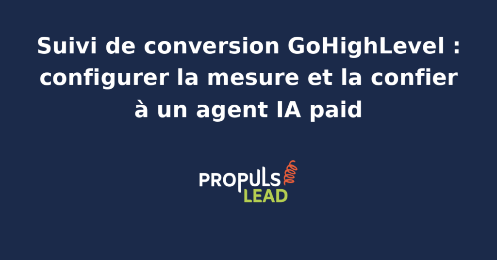 Schéma du suivi de conversion GoHighLevel avec un agent IA paid qui mesure, arbitre les budgets Meta et Google Ads et alerte le marketeur PME.