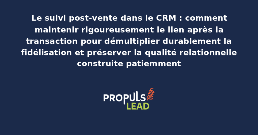 Tableau de bord CRM de suivi post-vente présentant les actions automatisées de maintien du lien client après la transaction avec calendrier de communication personnalisée selon le profil